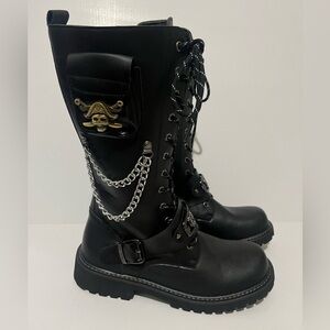 DOC SEIFERT Punk Fashion Motorcycle Edgy Black Boots with Skull and Chains